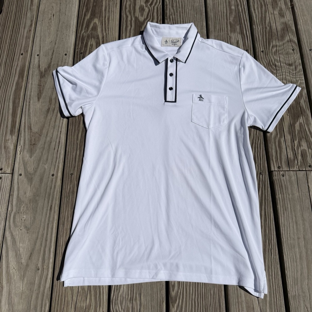 Original Penguin Munsingwear Polo Shirt Mens L White Navy Blue Golf Pocket Logo